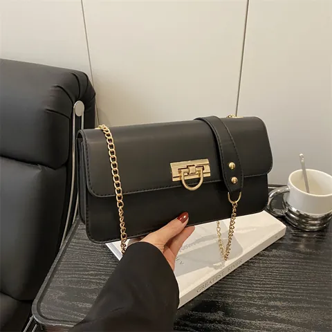 Französisch Minimalistisch PU Leder Achsel Tasche Für Damen Mode Rechteck Klappe Umhängetasche Mit Gold Metall Schloss Kette