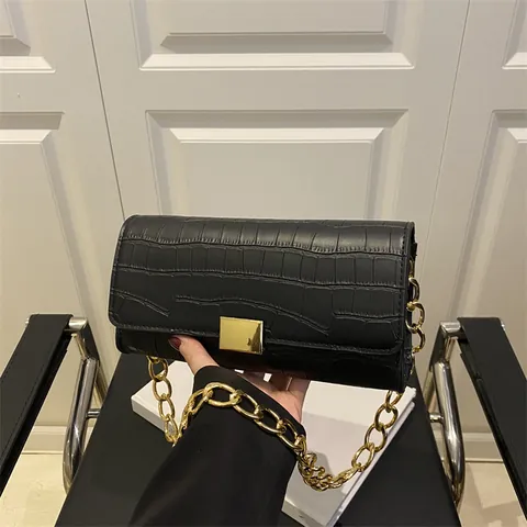 Women Crocodile Embossed PU Leather Underarm Bag Minimalist Small Square Handbag With Gold Chain Shoulder Strap Party Purse