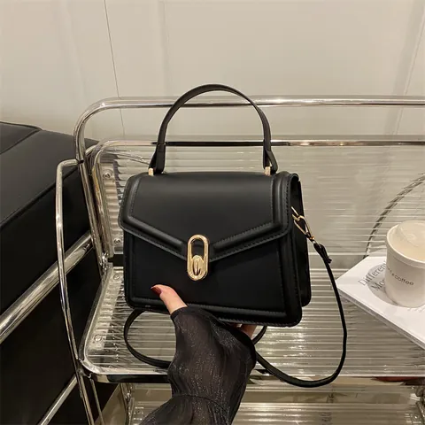 Women's Chic PU Leather Small Square Bag With Gold Metal Lock Handle Adjustable Single Strap Crossbody Shoulder Bag Summer Fashion