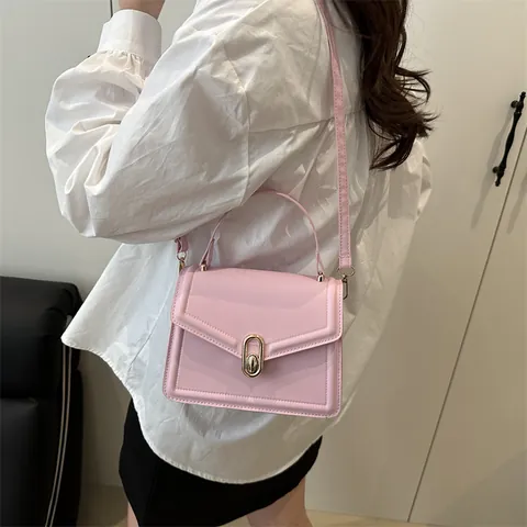 Women's Chic PU Leather Small Square Bag With Gold Metal Lock Handle Adjustable Single Strap Crossbody Shoulder Bag Summer Fashion