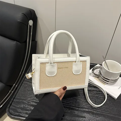 Vintage Women Splicing Small Square Bag PU Leather Woven Mini Tote Bag With Dual Handles Adjustable Shoulder Crossbody Bag