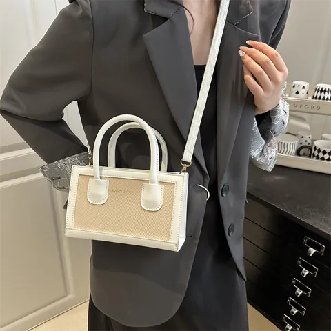 Vintage Women Splicing Small Square Bag PU Leather Woven Mini Tote Bag With Dual Handles Adjustable Shoulder Crossbody Bag