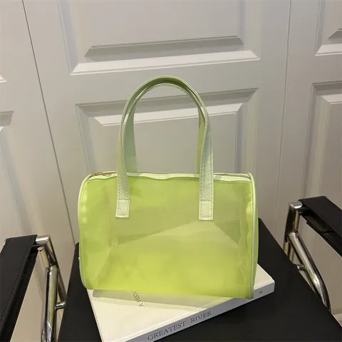 Damen Transparente Mesh Handtasche Leichte Nylon Netz Schultertasche Mit PU Leder Griff Boston Achseltasche Für Sommer Strand