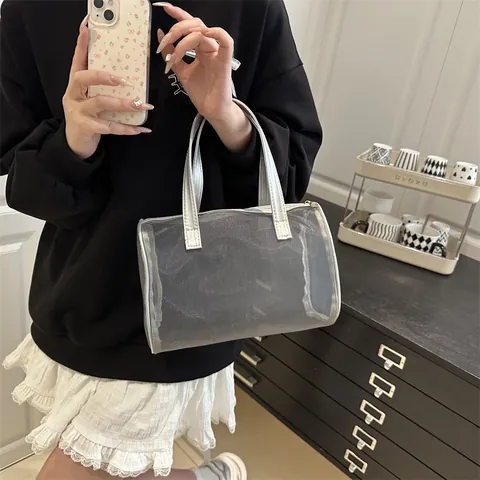 Damen Transparente Mesh Handtasche Leichte Nylon Netz Schultertasche Mit PU Leder Griff Boston Achseltasche Für Sommer Strand