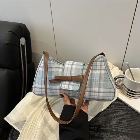 Damen Retro Karierte Unterarmtasche Casual PU Gewebe Plaid Schultertasche Mit Brauner Lederschleife Elegante Baguette Handtasche Für Den Alltag