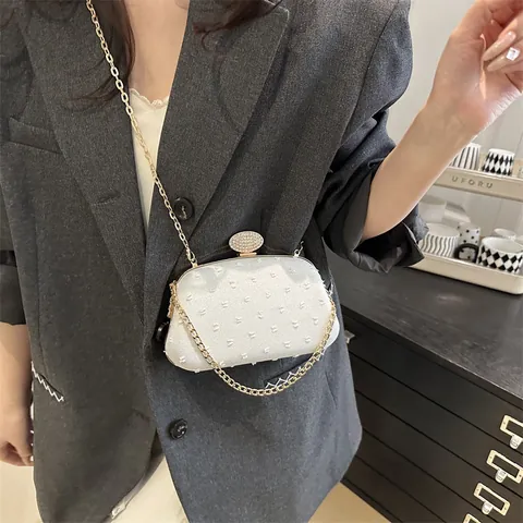 Elegante Abend Clutch Tasche Mit Goldkette Strass Schloss Punktierte Textur Gewebe Schulter Umhängetasche Für Hochzeit Party