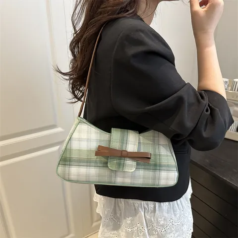 Damen Retro Karierte Unterarmtasche Casual PU Gewebe Plaid Schultertasche Mit Brauner Lederschleife Elegante Baguette Handtasche Für Den Alltag