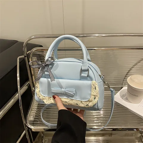 Bolso de Mano de Cuero PU Vintage para Mujer Dulce Patchwork de Encaje Lazo Bolso de Hombro Casual Diario Oficina Bolso Cuadrado Pequeño
