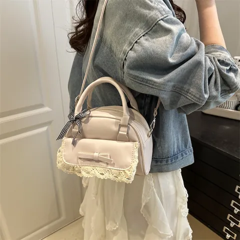 Bolso de Mano de Cuero PU Vintage para Mujer Dulce Patchwork de Encaje Lazo Bolso de Hombro Casual Diario Oficina Bolso Cuadrado Pequeño