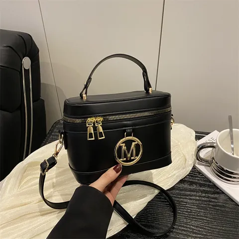 Fashion PU Leather Vanity Box Bag Gold Metal M Logo Small Square Crossbody Handbag With Top Handle Adjustable Strap For Women