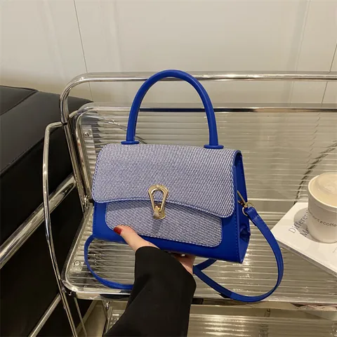 Women's Spliced PU Leather And Woven Fabric Handbag Elegant Metal Lock Crossbody Shoulder Bag Trendy Fashion Commuting Bag