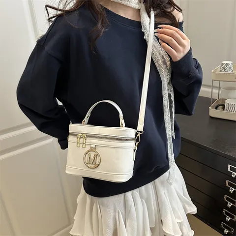 Fashion PU Leather Vanity Box Bag Gold Metal M Logo Small Square Crossbody Handbag With Top Handle Adjustable Strap For Women