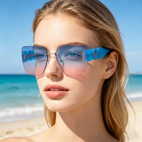 Oversized Square Rimless Sunglasses For Women Fashion UV400 Protection PC Gradient Lens Vintage Metal Deer Head Decor