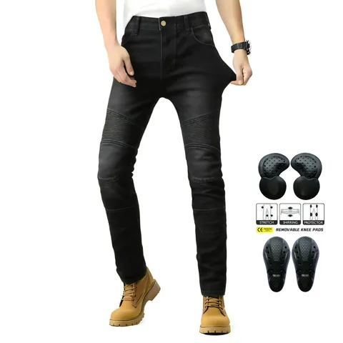 Pantalones de Moto para Hombre Con Almohadillas Protectoras CE Desmontables Jeans Biker Elásticos Pantalones de Carreras Retro Cuatro Estaciones