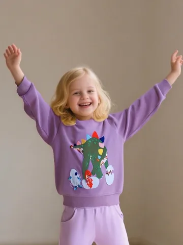 Sweatshirt pour Enfants en Coton avec Appliqué de Dinosaure Garçons Filles Violet Manches Longues Col Rond Dessin Animé Pull Décontracté