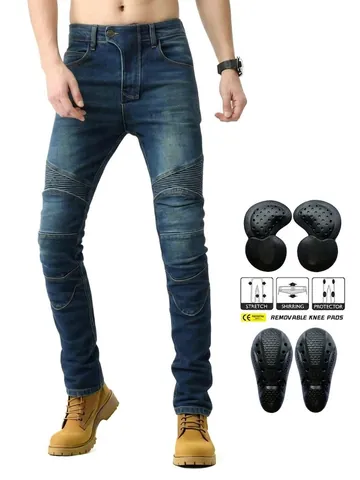 Vaqueros de Moto para Hombre Con Protecciones CE Desmontables Vintage Pantalones de Motociclista en Denim de Algodón Elástico