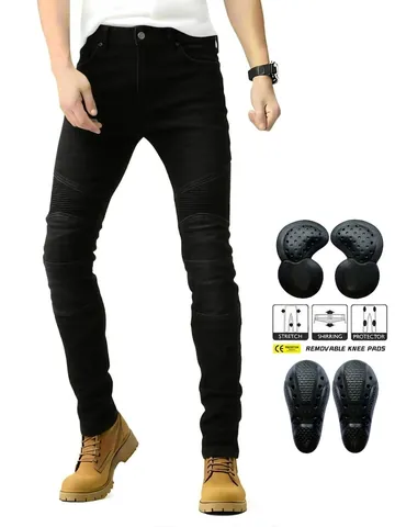 Vaqueros de Moto para Hombre Con Protecciones CE Desmontables Vintage Pantalones de Motociclista en Denim de Algodón Elástico