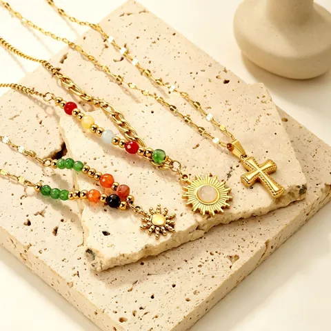 Vintage Stainless Steel Necklace With Colorful Beads Sun Cross Pendant Bohemian Style For Women