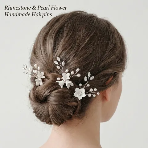 Bastoncino per Capelli in Ceramica Morbida Fatto a Mano Fiore Strass Perla Artificiale Accessori Capelli Sposa per Donna