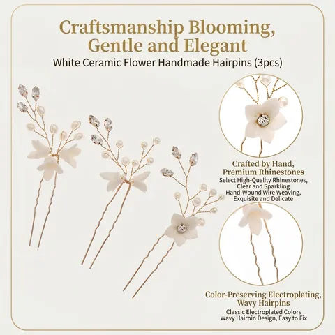 Bastoncino per Capelli in Ceramica Morbida Fatto a Mano Fiore Strass Perla Artificiale Accessori Capelli Sposa per Donna