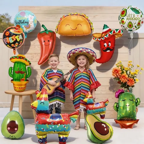 Mexican Fiesta Theme Llama Alpaca Pinata Foil Balloons Cactus Avocado Sombrero Shape Mylar Balloon Party Decoration