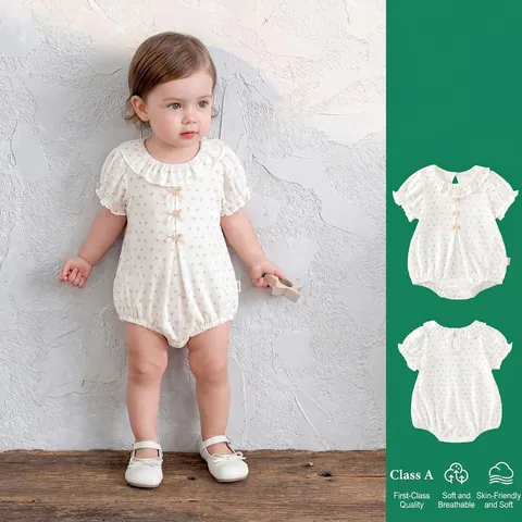 Barboteuse Fleurie Douce pour Bébé Fille Manches Courtes Col à Volants Nœud Combinaison Coton Nouveau-né Body Été Blanc