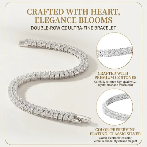 Pulsera Tennis de Doble Fila de Lujo en Aleación de Cobre con Cristal Brillante para Mujer Fiesta de Boda Joyería Elegante