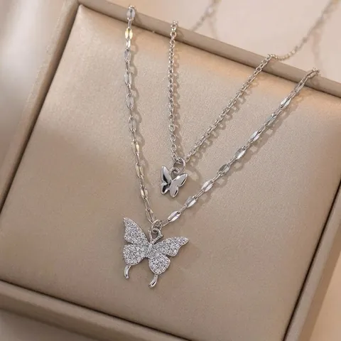 Gelaagde Vlinder Hanger Ketting Roestvrij Staal Zirkonia Ingelegd Fonkelend Minimalistische Mode Sieraden Voor Vrouwen