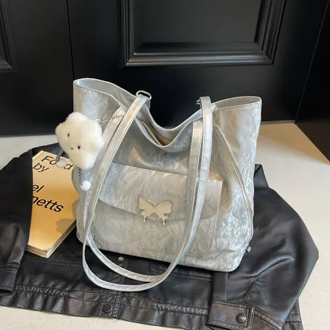 Women Crinkled PU Leather Tote Bag Large Capacity Multi Functional Shoulder Bag Backpack With Butterfly Buckle Cloud Pendant
