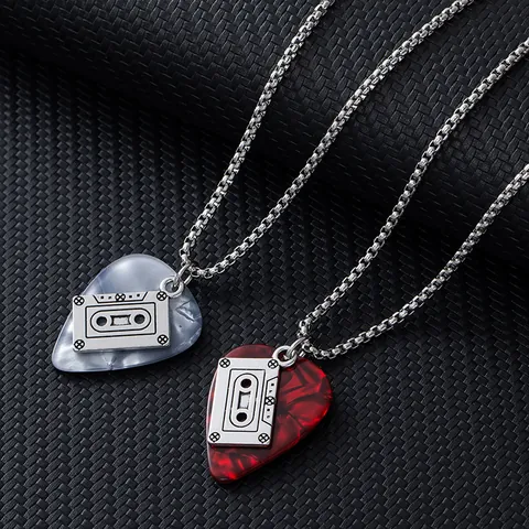Punk Rock Guitar Pick Pendant Necklace With Vintage Cassette Tape For Men Women Stainless Steel Chain Alloy Resin Jewelry