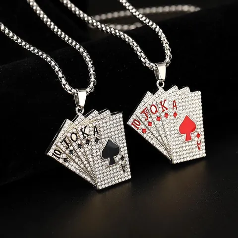 Hip Hop Poker Card Royal Flush Pendant Necklace Stainless Steel Box Chain Rhinestone Enamel Poker Jewelry Men Women