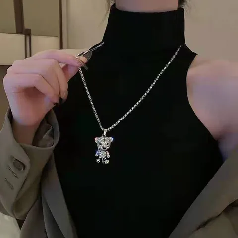 Titanium Steel Rhinestone Tiger Pendant Necklace Trendy Long Sweater Chain Silver Color Crystal Animal Necklace For Women Men Jewelry Gift