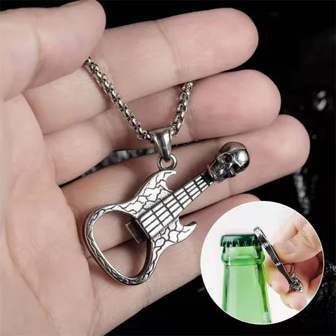 Men Punk Rock Skull Guitar Bottle Opener Pendant Necklace Stainless Steel Keel Chain Zinc Alloy Vintage Silver Jewelry