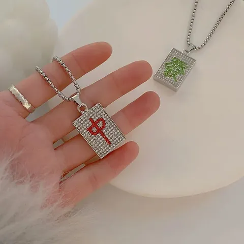 Hip Hop Titanium Steel Mahjong Pendant Necklace Full Rhinestone Chinese Character Pave Crystal Long Chain Jewelry For Unisex Gift