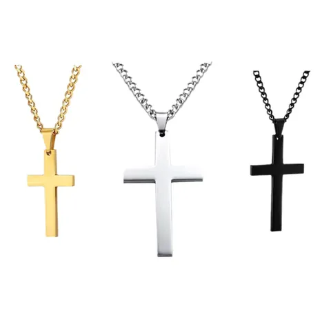 Collier Pendentif Croix en Acier Inoxydable et Alliage pour Hommes Femmes Or Argent Noir Chaîne Gourmette Mode Simple Bijoux Religieux Cadeau