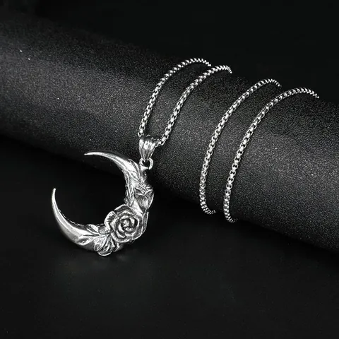 Collier Pendentif Lune Rose en Acier Inoxydable Vintage pour Hommes Femmes Bijoux Hip Hop Punk Goth en Alliage Argent Antique