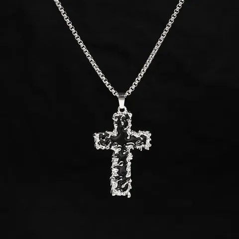 Collana con Pendente a Croce di Lava in Lega Catena in Acciaio Inossidabile Gothic Punk Per Uomo Donna Hip Hop Gioielli