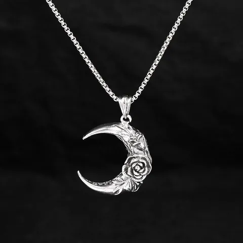 Collier Pendentif Lune Rose en Acier Inoxydable Vintage pour Hommes Femmes Bijoux Hip Hop Punk Goth en Alliage Argent Antique