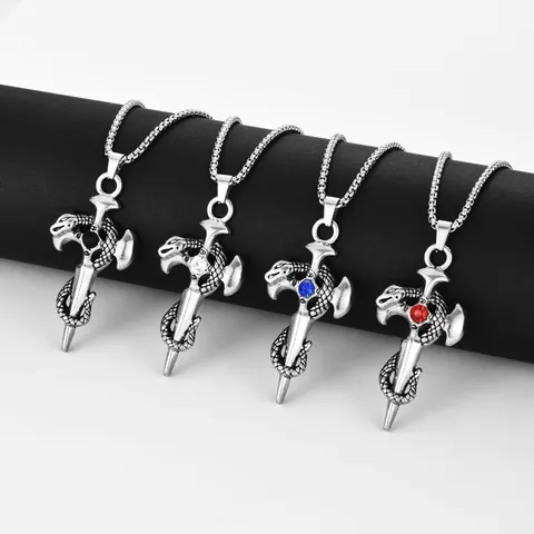 Collier Pendentif Croix Épée Serpent Gothique Vintage pour Hommes Acier Titane Zircone Bijoux Hip Hop Punk Streetwear Cadeau