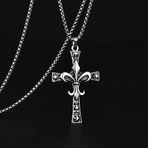 Collier Pendentif Croix Crâne Gothique Chaîne Vénitienne Acier Inoxydable Fleur De Lis Bijoux Punk Streetwear Pour Hommes Femmes