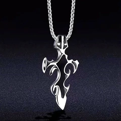 Gothic Flame Cross Pendant Necklace Stainless Steel Keel Box Chain Men Hip Hop Punk Streetwear Accessory Jewelry Gift