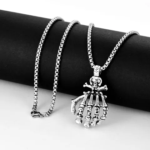 Collar Con Colgante de Mano de Esqueleto y Cráneo Punk Gótico de Halloween para Hombre Plata Antigua Cadena de Acero de Titanio Joyería de Aleación para Fiesta