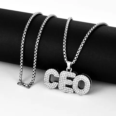 Hip Hop Iced Out CEO Letter Pendant Necklace Silver Color Rhinestone Paved Alloy Pendant Titanium Steel Keel Chain Jewelry