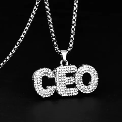 Hip Hop Iced Out CEO Letter Pendant Necklace Silver Color Rhinestone Paved Alloy Pendant Titanium Steel Keel Chain Jewelry