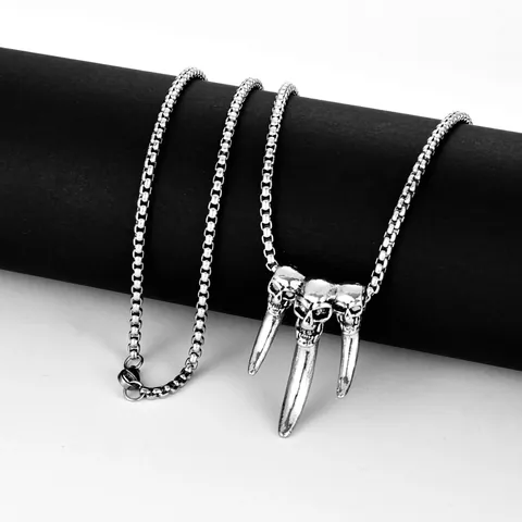 Vintage Gothic Punk Three Skulls Wolf Fang Pendant Necklace For Men Women Titanium Steel Box Chain Hip Hop Jewelry Gift