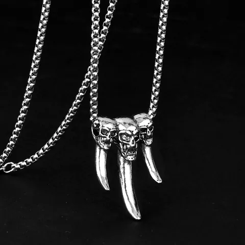 Vintage Gothic Punk Three Skulls Wolf Fang Pendant Necklace For Men Women Titanium Steel Box Chain Hip Hop Jewelry Gift