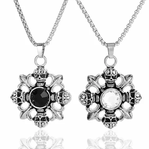Collier Pendentif Tête de Mort Gothique Vintage Chaîne en Acier Titane Alliage Pierre Noire Blanche Punk Homme Femme Bijoux