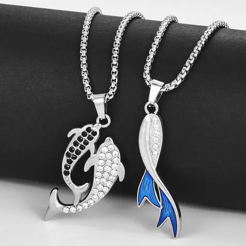 Collier Chaîne de Quille en Acier Titane Avec Pendentif Dauphin Queue de Poisson en Alliage Émail Strass Bijoux Océan