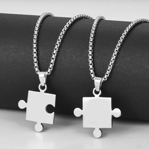 Titanium Steel Puzzle Piece Pendant Necklace For Couples Unisex Personalized Minimalist Hip Hop Jewelry Silver Tone