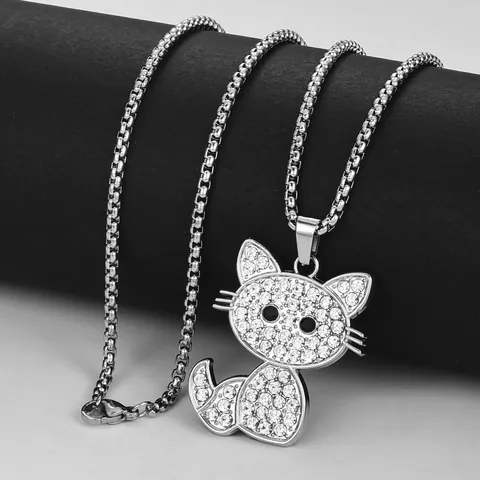 Collier Pendentif Chat Style Hip Hop pour Hommes Femmes Alliage de Zinc Pendentif Animal avec Chaîne Maille Miroir en Acier Inoxydable